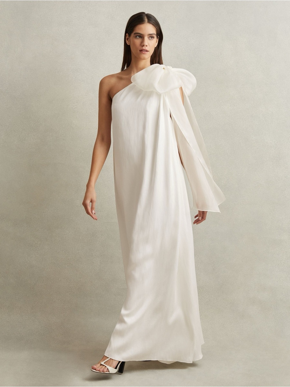 Reiss Ivory One-Shoulder Gown with Sculpted Bow